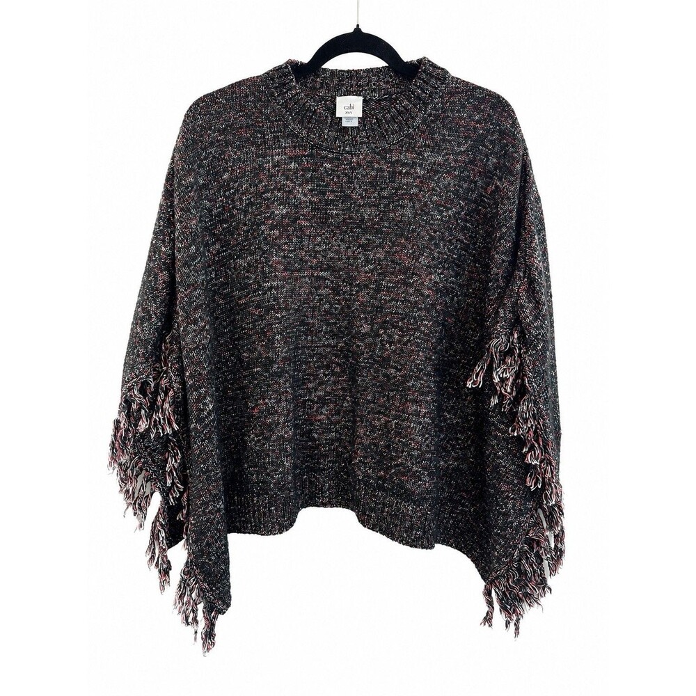 Cabi XS/S Fringe Poncho Sweater Marled Black Red White Knit Boho Cape